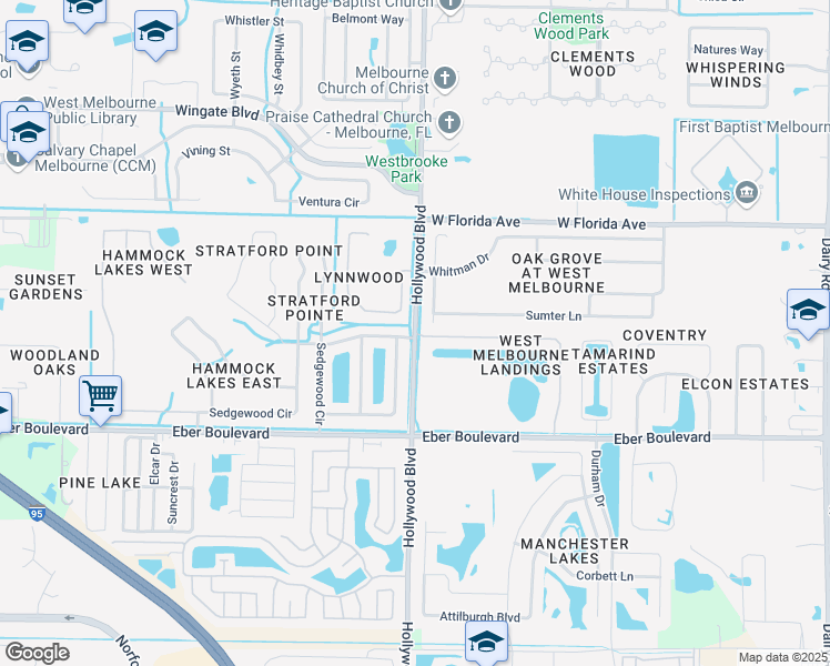 map of restaurants, bars, coffee shops, grocery stores, and more near 1400 Hollywood Boulevard in West Melbourne