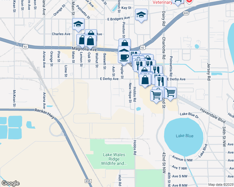 map of restaurants, bars, coffee shops, grocery stores, and more near 204 Kennedy Court in Auburndale