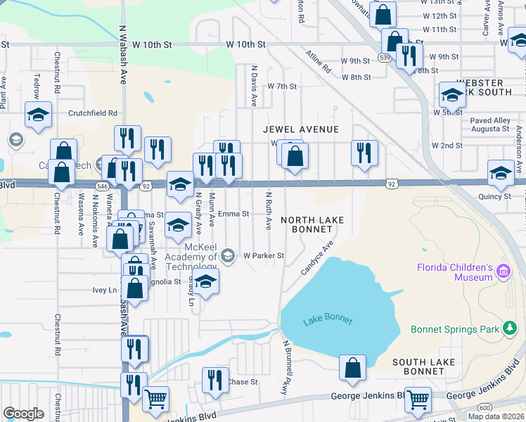 map of restaurants, bars, coffee shops, grocery stores, and more near 845 North Ruth Avenue in Lakeland
