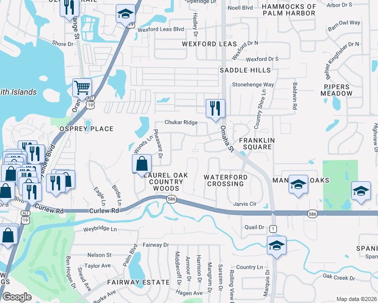 map of restaurants, bars, coffee shops, grocery stores, and more near 2830 Resnik Circle West in Palm Harbor