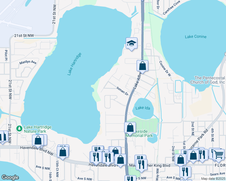 map of restaurants, bars, coffee shops, grocery stores, and more near 2223 Lakeridge Drive in Winter Haven