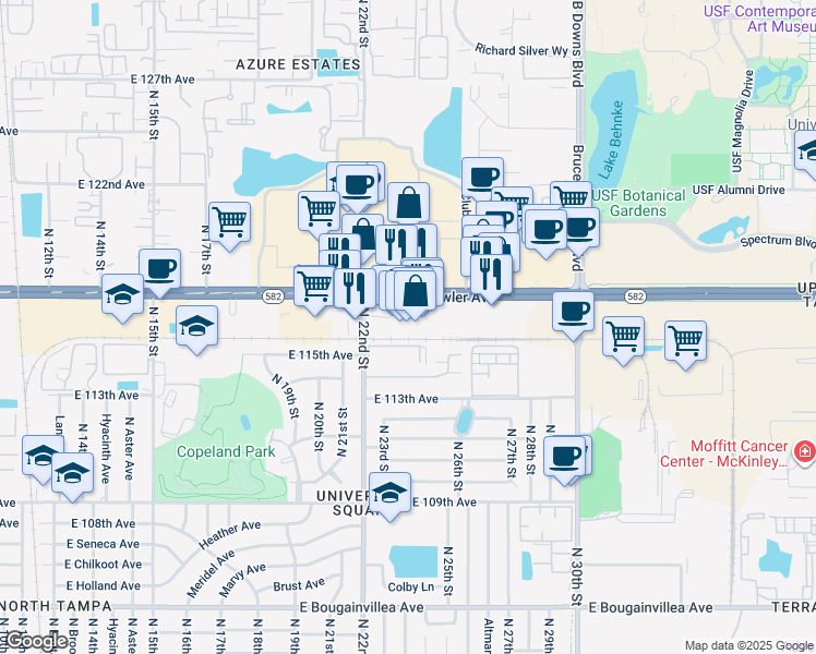 map of restaurants, bars, coffee shops, grocery stores, and more near 2351 East Fowler Avenue in Tampa