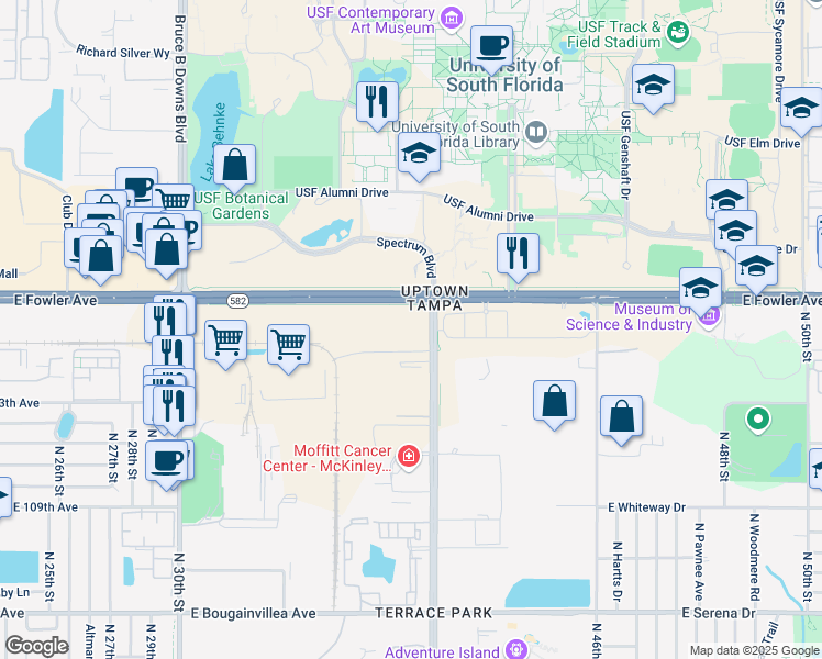 map of restaurants, bars, coffee shops, grocery stores, and more near 11606 North Malcolm McKinley Drive in Tampa