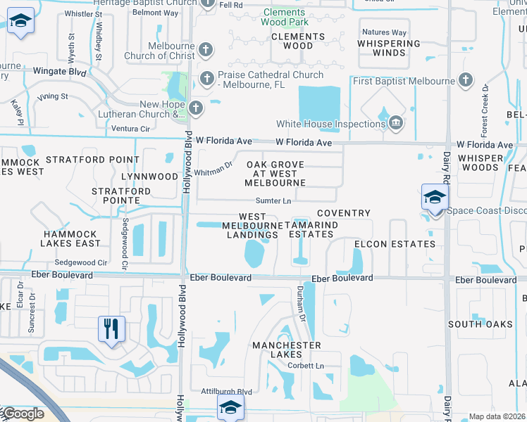map of restaurants, bars, coffee shops, grocery stores, and more near 1477 Alaqua Way in Melbourne