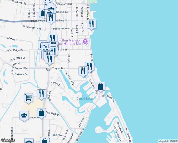 map of restaurants, bars, coffee shops, grocery stores, and more near 2206 East Lakeview Drive in Rockport