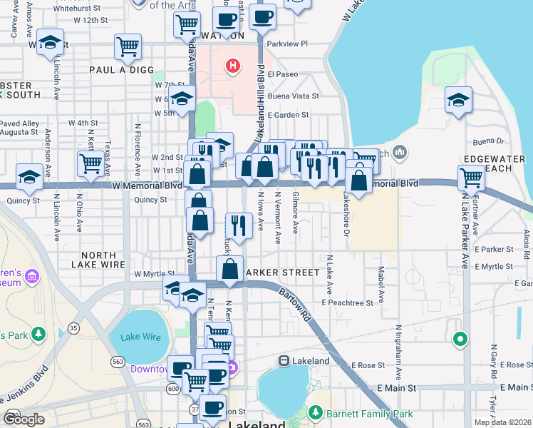 map of restaurants, bars, coffee shops, grocery stores, and more near 904 North Vermont Avenue in Lakeland