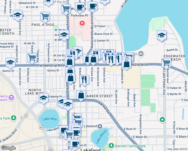 map of restaurants, bars, coffee shops, grocery stores, and more near 904 North Vermont Avenue in Lakeland