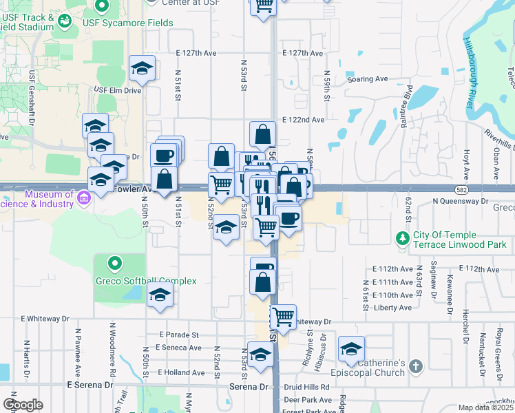 map of restaurants, bars, coffee shops, grocery stores, and more near 11501 North 53rd Street in Temple Terrace