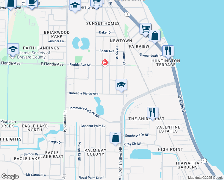 map of restaurants, bars, coffee shops, grocery stores, and more near 2106 Henry Street Northeast in Palm Bay