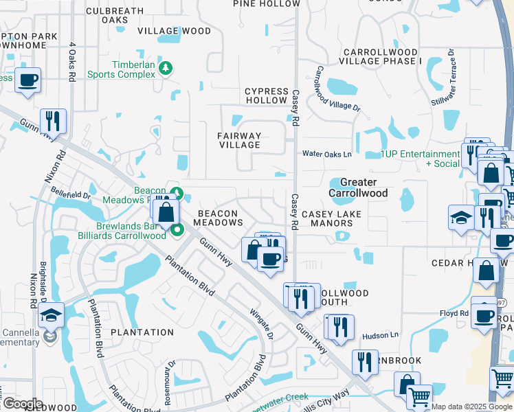 map of restaurants, bars, coffee shops, grocery stores, and more near 11608 Painted Hills Lane in Tampa