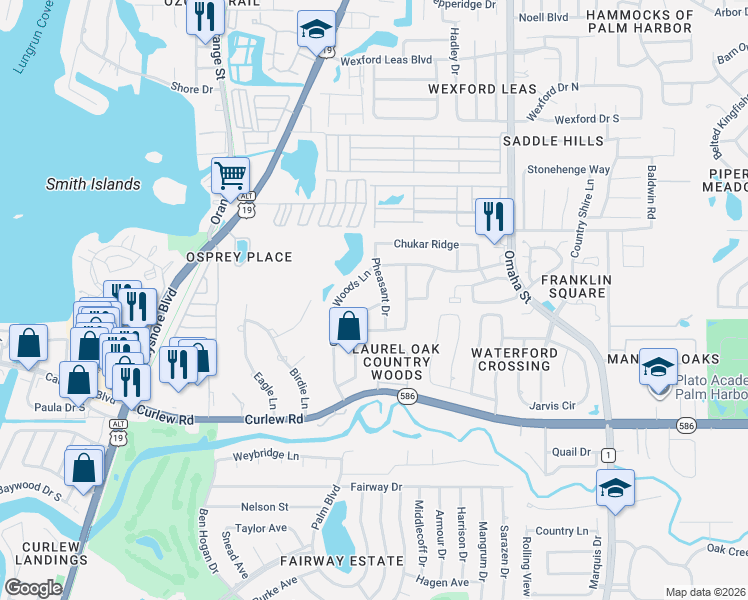 map of restaurants, bars, coffee shops, grocery stores, and more near 1453 Mallard Place in Palm Harbor