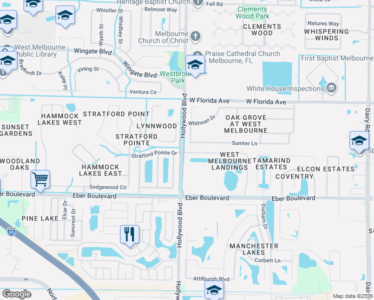 map of restaurants, bars, coffee shops, grocery stores, and more near 1767 Alaqua Way in Melbourne