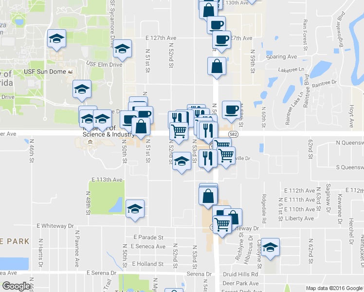 map of restaurants, bars, coffee shops, grocery stores, and more near 5239 East Fowler Avenue in Temple Terrace
