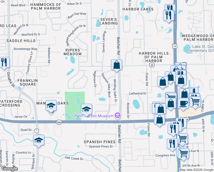 map of restaurants, bars, coffee shops, grocery stores, and more near 949 Spanish Oaks Boulevard in Palm Harbor