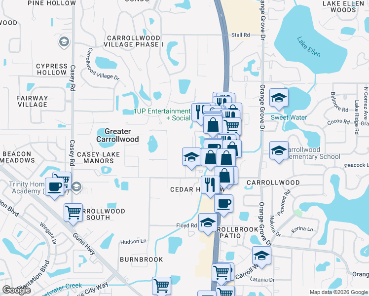map of restaurants, bars, coffee shops, grocery stores, and more near 11506 Galleria Drive in Tampa