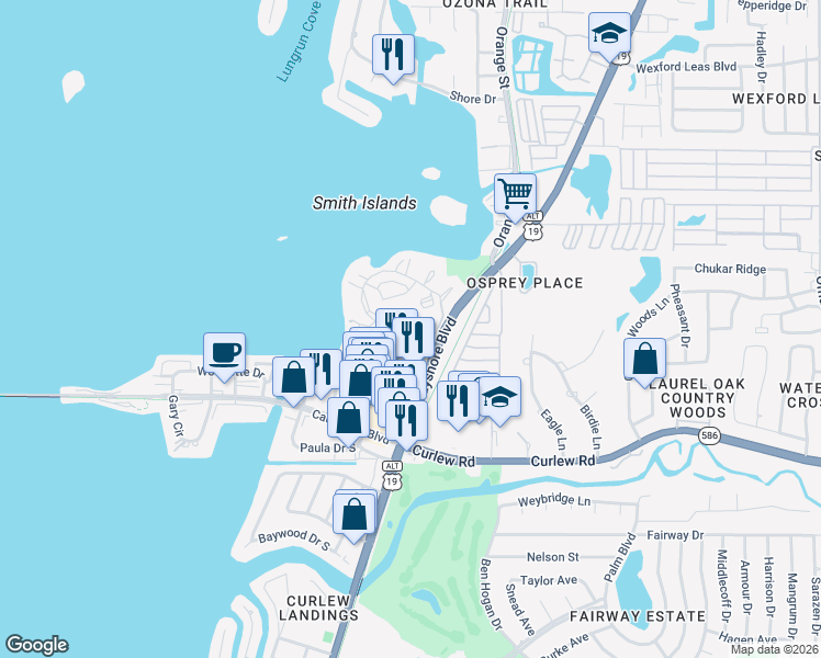 map of restaurants, bars, coffee shops, grocery stores, and more near 2700 Bayshore Boulevard in Dunedin