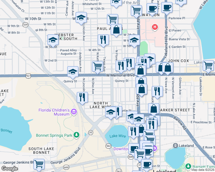 map of restaurants, bars, coffee shops, grocery stores, and more near 850 Martin L King Junior Avenue in Lakeland