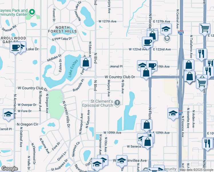 map of restaurants, bars, coffee shops, grocery stores, and more near 11328 Marjory Avenue in Tampa