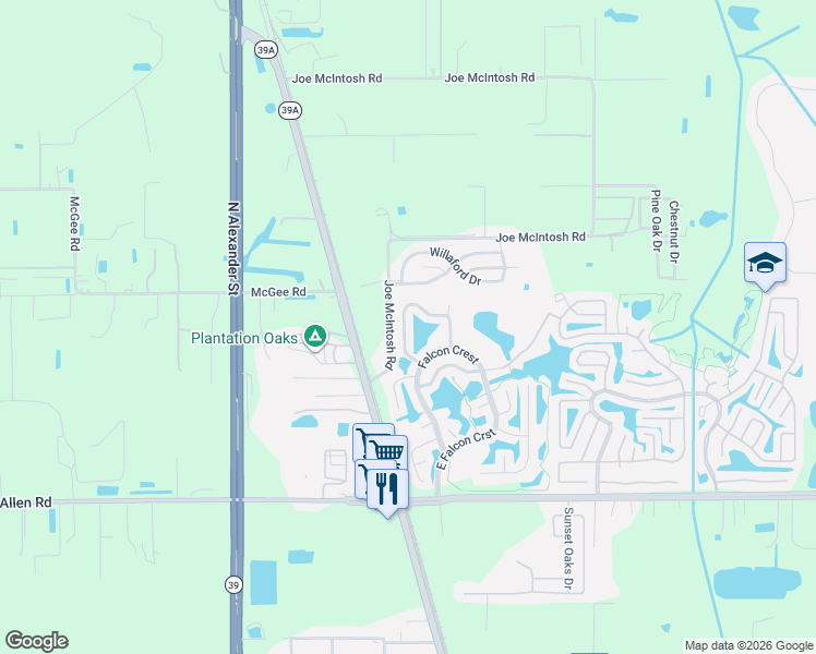 map of restaurants, bars, coffee shops, grocery stores, and more near 394 Hummingbird Place in Plant City