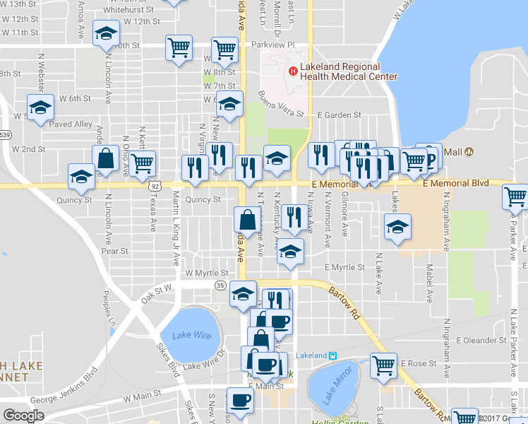 map of restaurants, bars, coffee shops, grocery stores, and more near 913 North Tennessee Avenue in Lakeland