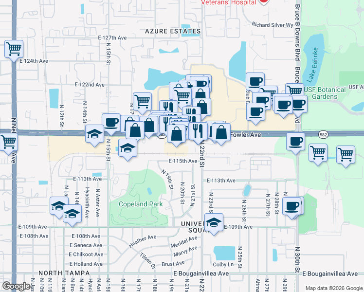 map of restaurants, bars, coffee shops, grocery stores, and more near 2043 East Fowler Avenue in Tampa
