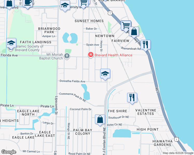 map of restaurants, bars, coffee shops, grocery stores, and more near 2106 Henry Street Northeast in Palm Bay