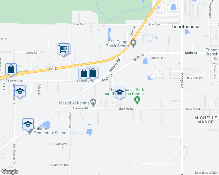 map of restaurants, bars, coffee shops, grocery stores, and more near 9910 Skewlee Road in Thonotosassa