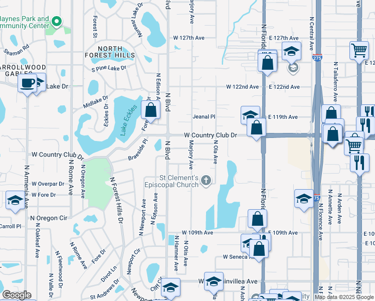 map of restaurants, bars, coffee shops, grocery stores, and more near 11328 Marjory Avenue in Tampa