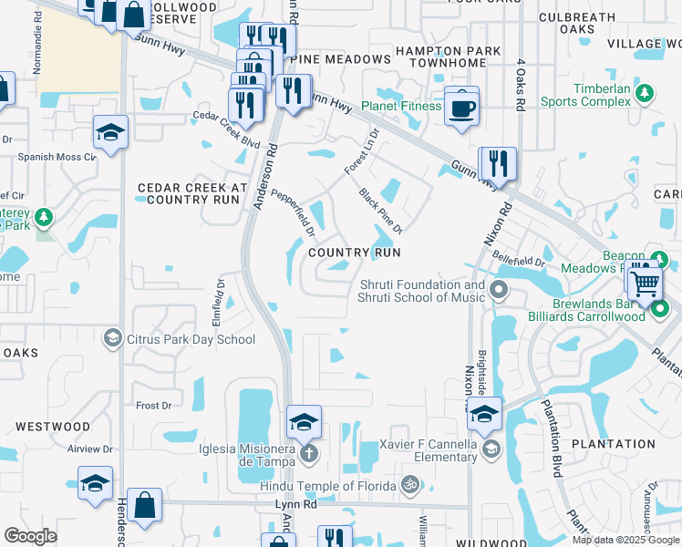 map of restaurants, bars, coffee shops, grocery stores, and more near 12307 Hidden Brook Drive in Tampa
