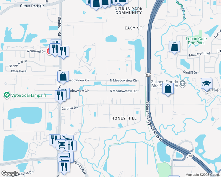 map of restaurants, bars, coffee shops, grocery stores, and more near 8034 South Meadowview Circle in Tampa