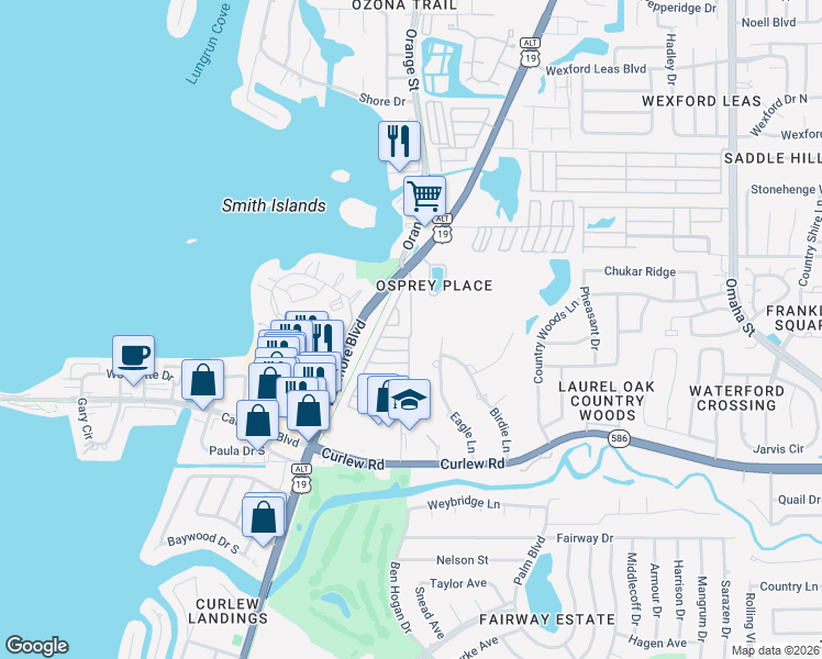 map of restaurants, bars, coffee shops, grocery stores, and more near 213 East Avenue in Palm Harbor