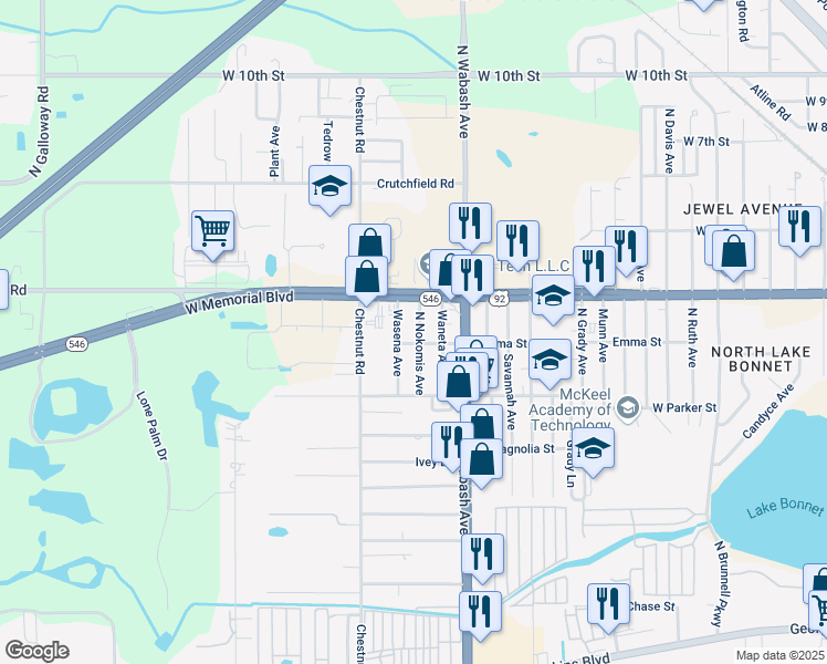 map of restaurants, bars, coffee shops, grocery stores, and more near 2230 Emma Street in Lakeland