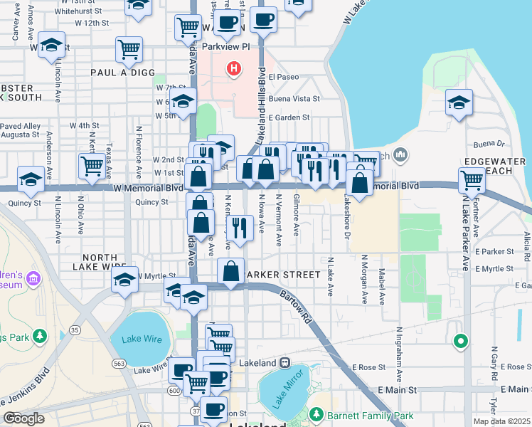 map of restaurants, bars, coffee shops, grocery stores, and more near 904 North Vermont Avenue in Lakeland