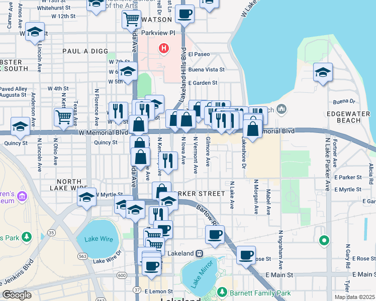 map of restaurants, bars, coffee shops, grocery stores, and more near 915 North Iowa Avenue in Lakeland