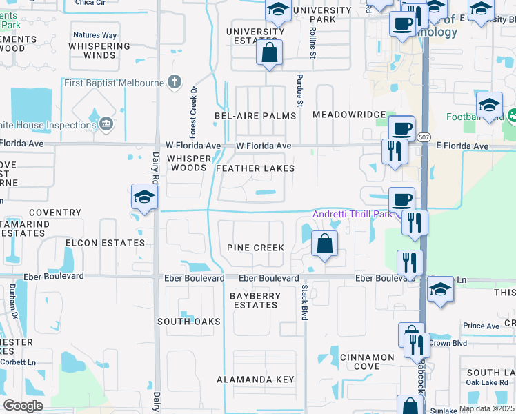 map of restaurants, bars, coffee shops, grocery stores, and more near 1041 Indian Oaks Drive in Melbourne