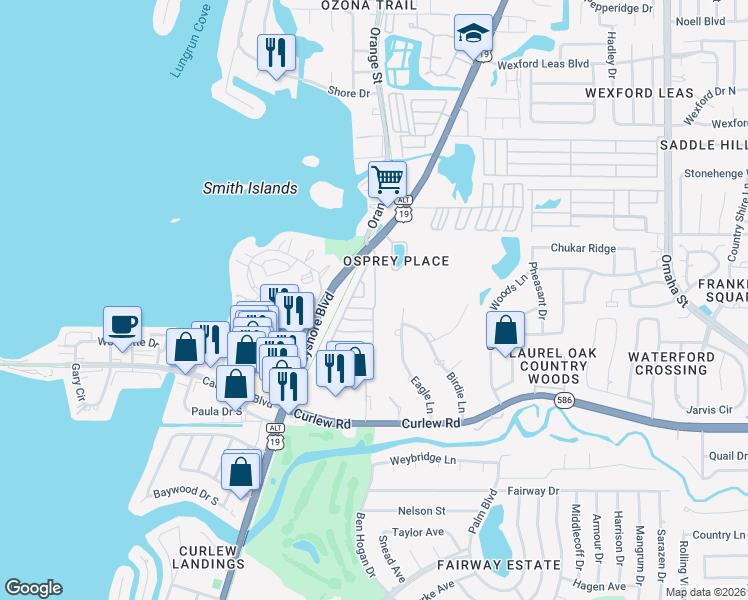 map of restaurants, bars, coffee shops, grocery stores, and more near 213 East Avenue in Palm Harbor