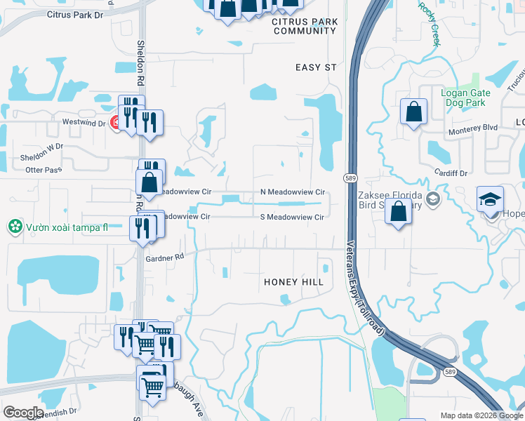 map of restaurants, bars, coffee shops, grocery stores, and more near 8034 South Meadowview Circle in Tampa