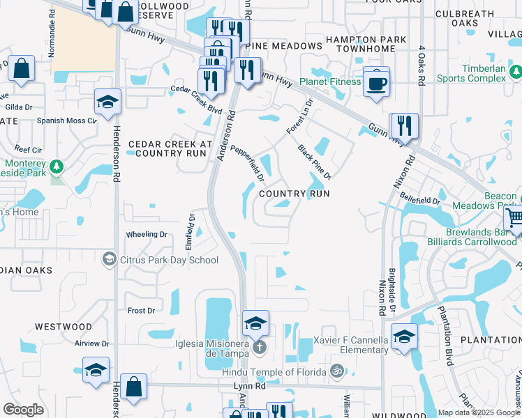map of restaurants, bars, coffee shops, grocery stores, and more near 12318 Cloverstone Drive in Tampa