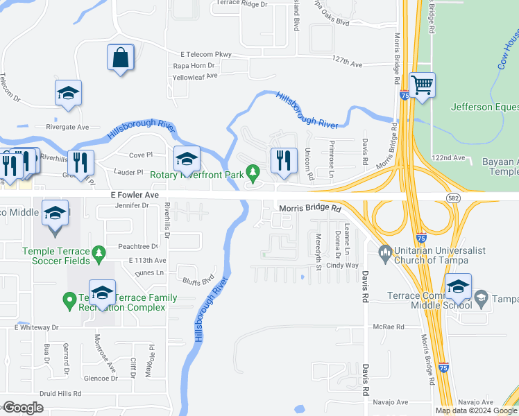 map of restaurants, bars, coffee shops, grocery stores, and more near 11514 Bellamar Street in Tampa