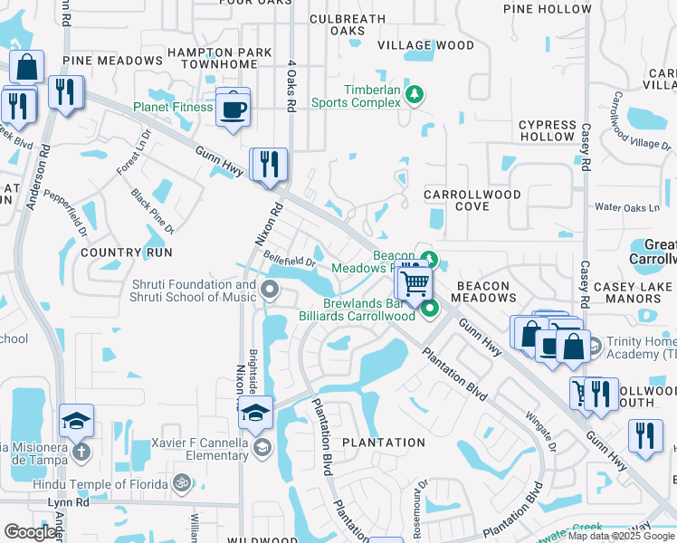 map of restaurants, bars, coffee shops, grocery stores, and more near 11301 Waveland Way in Tampa