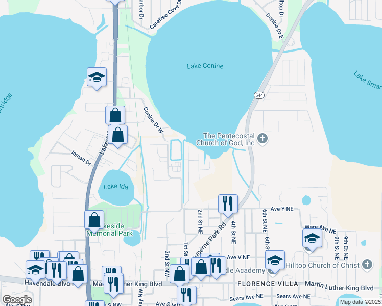 map of restaurants, bars, coffee shops, grocery stores, and more near 2511 Sunset Shore Drive in Winter Haven