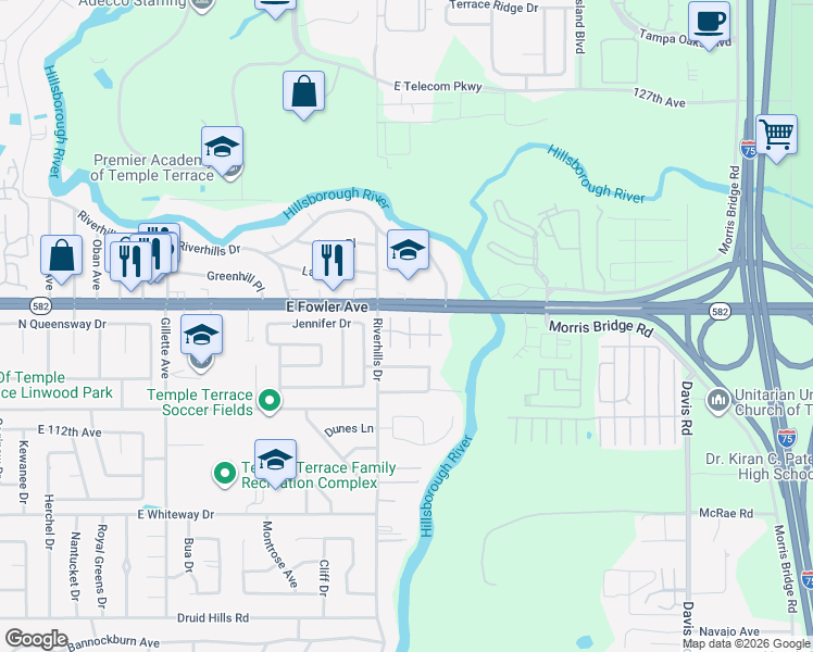 map of restaurants, bars, coffee shops, grocery stores, and more near 11405 Robles Del Rio Place in Tampa