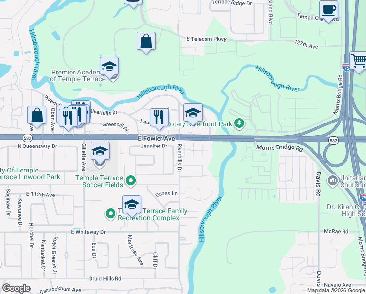 map of restaurants, bars, coffee shops, grocery stores, and more near 11405 Robles Del Rio Place in Tampa