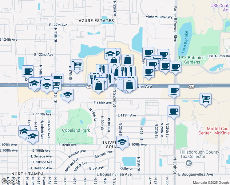 map of restaurants, bars, coffee shops, grocery stores, and more near 11601 North 22nd Street in Tampa