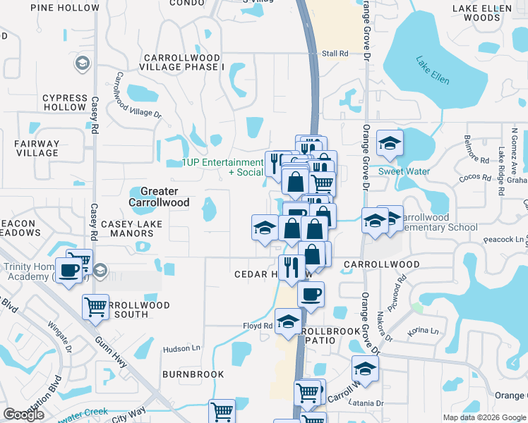 map of restaurants, bars, coffee shops, grocery stores, and more near 11424 Galleria Drive in Tampa