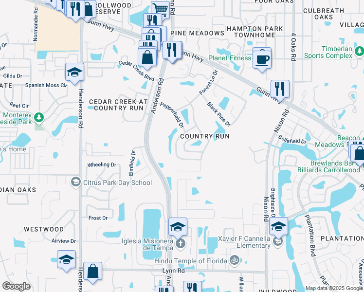 map of restaurants, bars, coffee shops, grocery stores, and more near 12318 Cloverstone Drive in Tampa