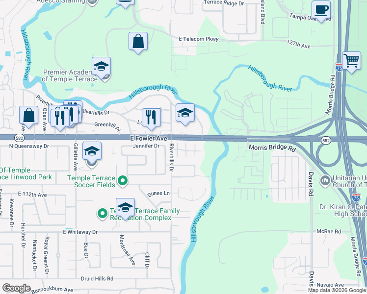 map of restaurants, bars, coffee shops, grocery stores, and more near 11504 Cerca Del Rio Place in Tampa