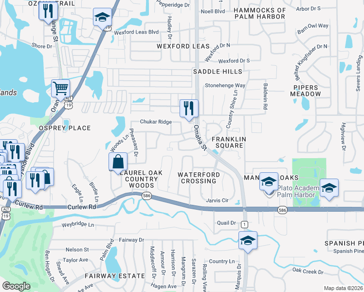 map of restaurants, bars, coffee shops, grocery stores, and more near 1568 Nantucket Court in Palm Harbor