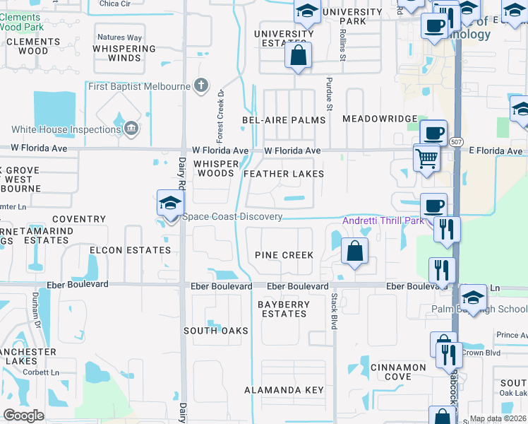 map of restaurants, bars, coffee shops, grocery stores, and more near 3542 Egret Drive in Melbourne