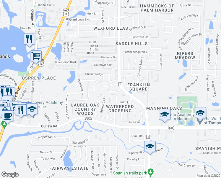 map of restaurants, bars, coffee shops, grocery stores, and more near 5 Hampton Lane in Palm Harbor